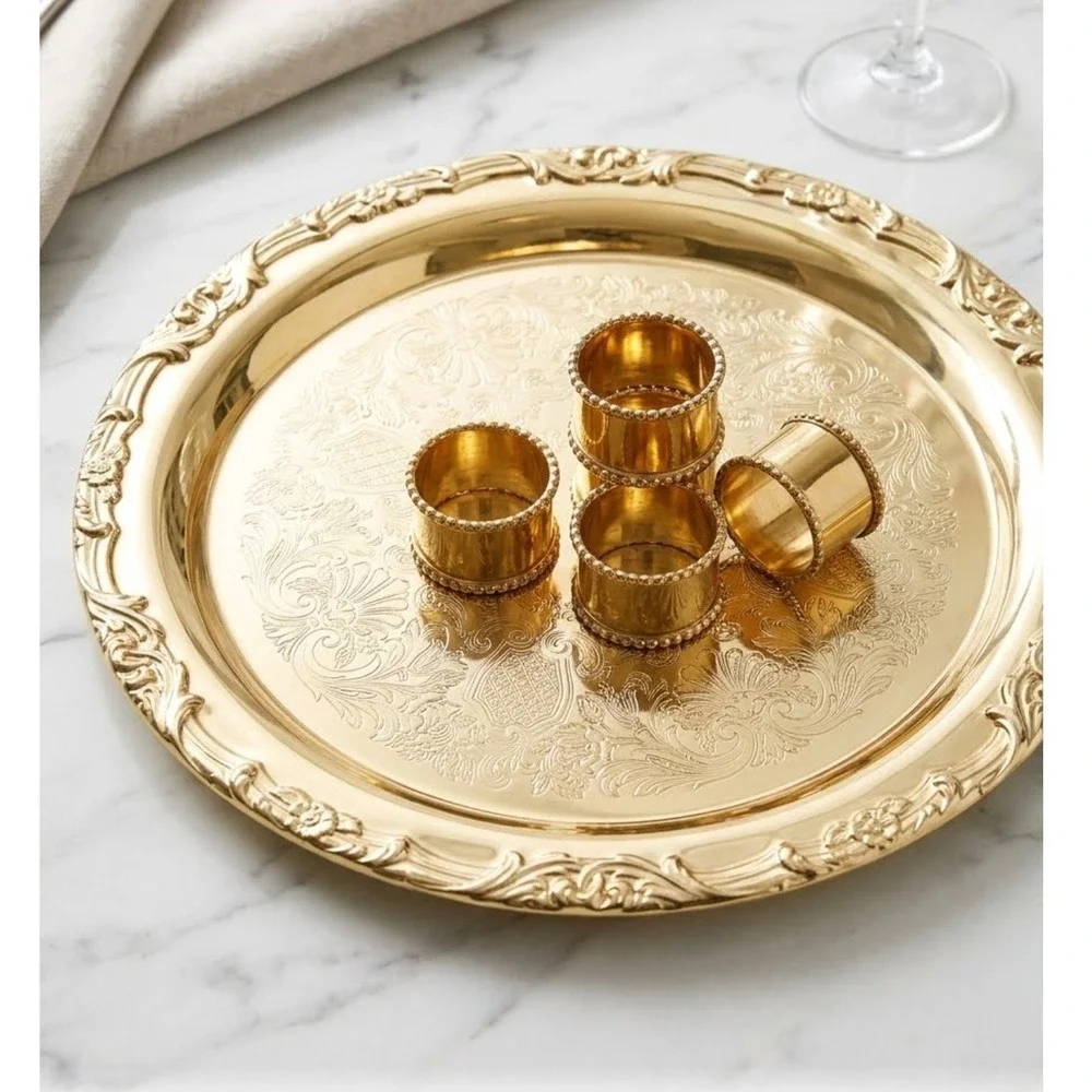 Vintage Gold Tone Round Etched Serving Tray and Beaded Napkin Rings Set of 5